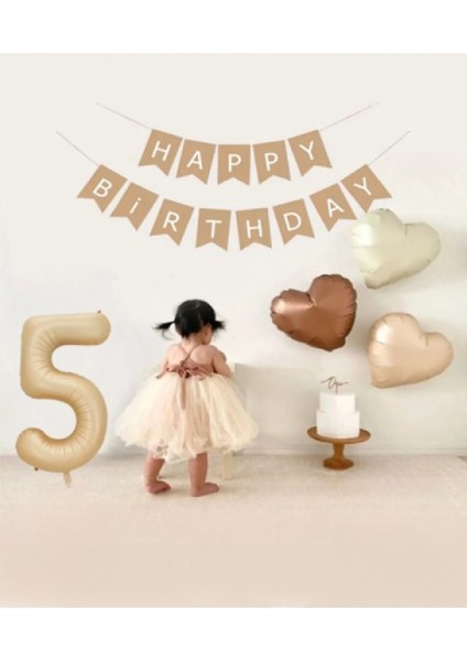 Bej Rakam Folyo Balon Retro Kalp Folyo Balon Seti Kraft Gold Altın Happy Birthday Yazılı Doğum Günü Partiseti Süsü