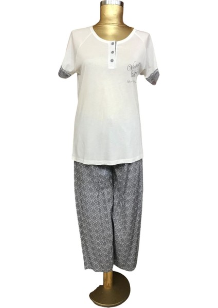 KOM-8698-BAYAN Kısa Kollu Patlı Pijama Takımı-Ekru