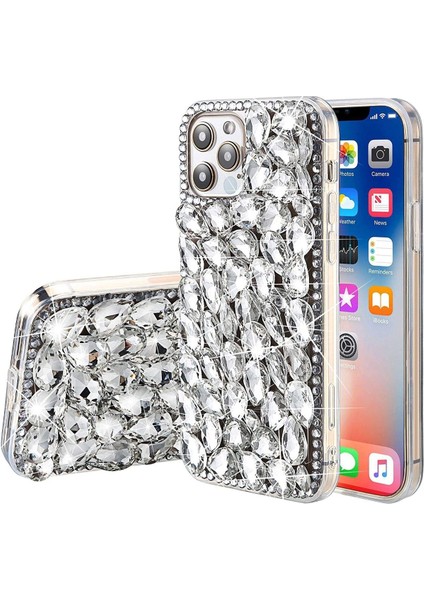 iPhone 16 Plus Uyumlu Ultra Lüx Gümüş Renkli Damla Taşlı Koruyucu Yapılı Özel Yapım Kılıf fırsatları