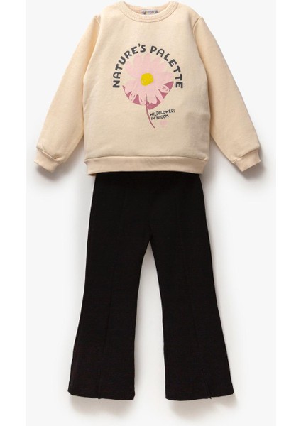 Kız Çocuk Çiçek Desenli Kışlık 3 Iplik Pamuklu Sweatshirt Ispanyol Paça Tayt Alt-Üst Takım