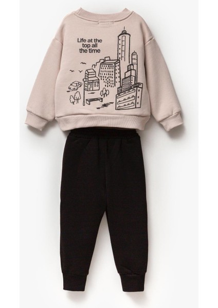 Erkek Çocuk Araba Desenli Kışlık 3 Iplik Şardonlu Pamuklu Sweatshirt Eşofman Alt-Üst Takım