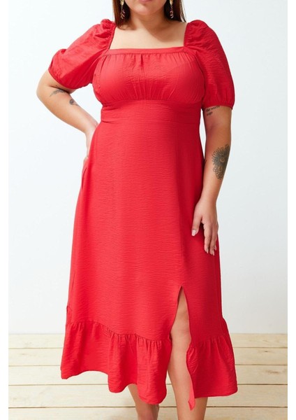 Yeni Rahat Casual Günlük Shally Dokuma Kare Yaka Kısa Kol Eteği Fırfırlı Maxi Boy Büyük Beden Elbise