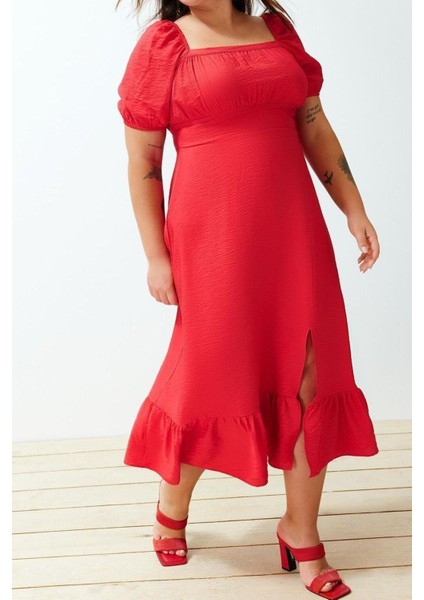 Yeni Rahat Casual Günlük Shally Dokuma Kare Yaka Kısa Kol Eteği Fırfırlı Maxi Boy Büyük Beden Elbise fiyatları