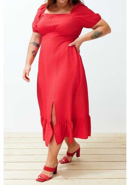 Yeni Rahat Casual Günlük Shally Dokuma Kare Yaka Kısa Kol Eteği Fırfırlı Maxi Boy Büyük Beden Elbise modelleri