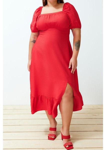 Yeni Rahat Casual Günlük Shally Dokuma Kare Yaka Kısa Kol Eteği Fırfırlı Maxi Boy Büyük Beden Elbise fırsatları