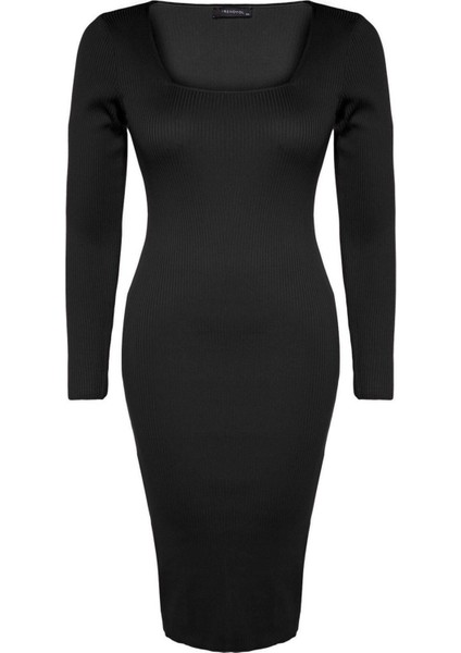 Yeni Fit Casual Günlük Fitilli Triko Kare Yaka Uzun Kol Bodycone Midi Boy Büyük Beden Elbise