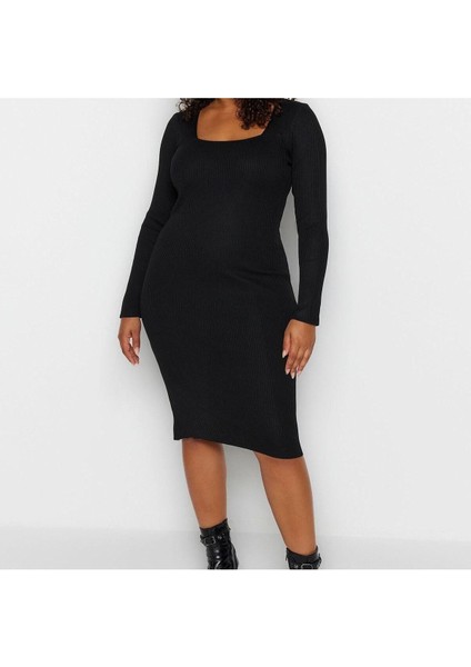 Yeni Fit Casual Günlük Fitilli Triko Kare Yaka Uzun Kol Bodycone Midi Boy Büyük Beden Elbise fiyatları