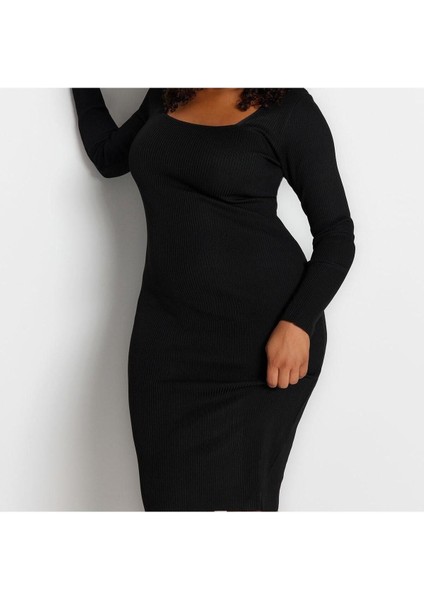 Yeni Fit Casual Günlük Fitilli Triko Kare Yaka Uzun Kol Bodycone Midi Boy Büyük Beden Elbise fırsatları