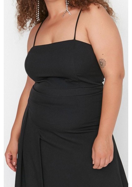 Yeni Fit Şık Abiye Gece Finike Dokuma Kare Yaka Askılı Kol Bodycone Maxi Boy Büyük Beden Elbise