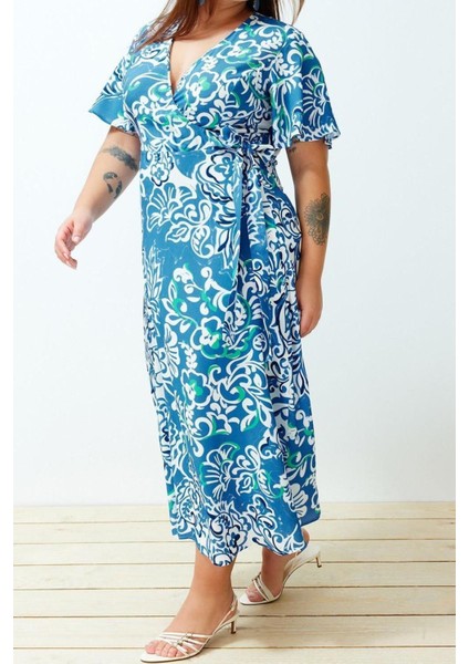 Yeni Rahat Casual Günlük Shally Dokuma Kruvaze Kısa Kol Anvelop Maxi Boy Büyük Beden Elbise fiyatları