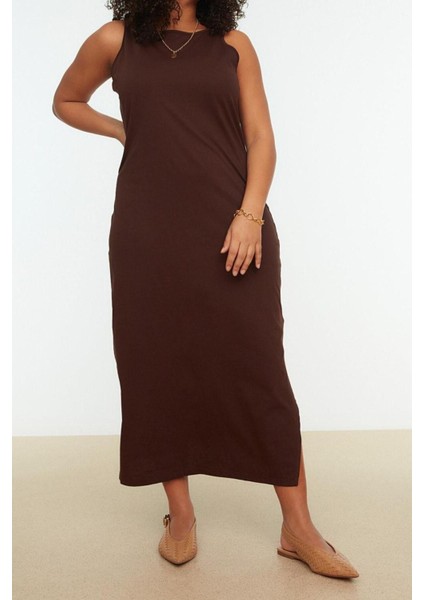 Yeni Slim Casual Günlük Süprem Örme Bisiklet Yaka Kolsuz Kol Shift Midi Boy Büyük Beden Elbise