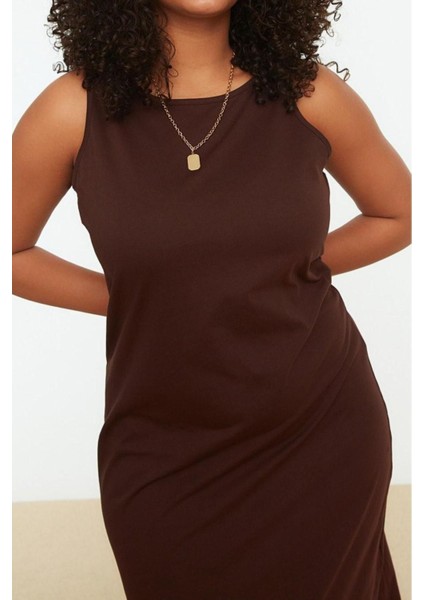 Yeni Slim Casual Günlük Süprem Örme Bisiklet Yaka Kolsuz Kol Shift Midi Boy Büyük Beden Elbise