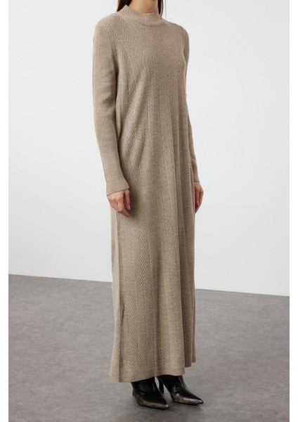 Yeni Rahat Casual Günlük Saç Örgü Triko Yarım Balıkçı Yaka Uzun Kol Shift Maxi Boy Tesettür Elbise