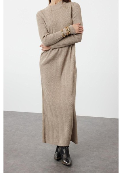 Yeni Rahat Casual Günlük Saç Örgü Triko Yarım Balıkçı Yaka Uzun Kol Shift Maxi Boy Tesettür Elbise modelleri