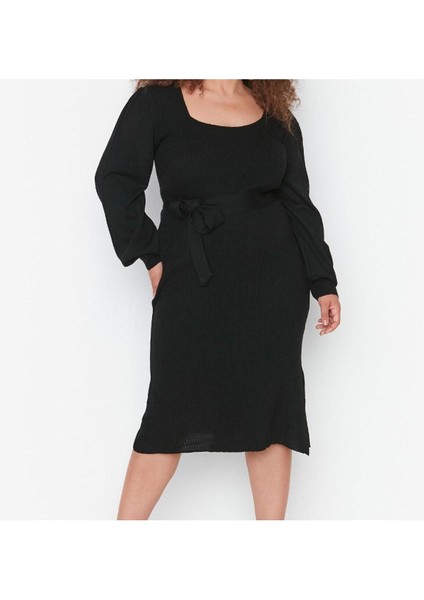 Yeni Fit Casual Günlük Fitilli Triko Kare Yaka Uzun Kol Bodycone Midi Boy Büyük Beden Elbise