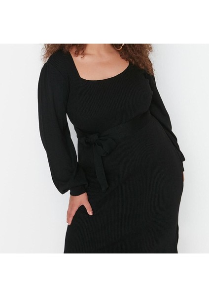 Yeni Fit Casual Günlük Fitilli Triko Kare Yaka Uzun Kol Bodycone Midi Boy Büyük Beden Elbise
