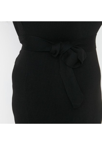 Yeni Fit Casual Günlük Fitilli Triko Kare Yaka Uzun Kol Bodycone Midi Boy Büyük Beden Elbise