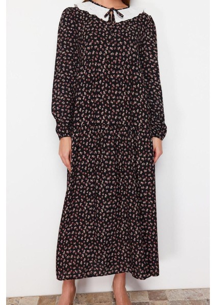 Yeni Regular Casual Günlük Belmando Dokuma V Yaka Uzun Kol A-Line Midi Boy Tesettür Elbise