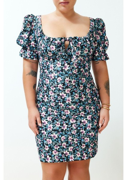 Yeni Rahat Casual Günlük Krep Dokuma Kalp Yaka Kısa Kol Basic Midi Boy Büyük Beden Elbise