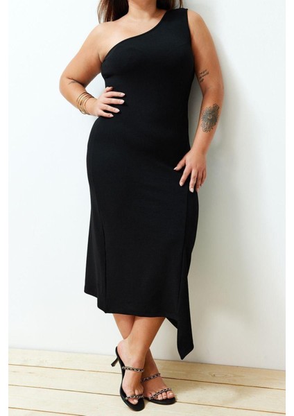 Yeni Rahat Casual Günlük Krep Örme Asimetrik Yaka Kolsuz Kol Asimetrik Midi Boy Büyük Beden Elbise fiyatları