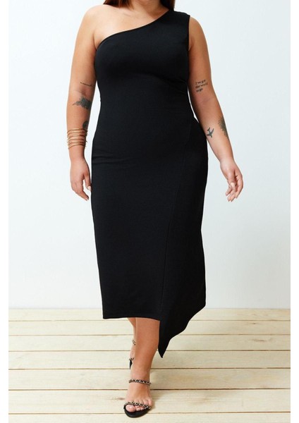 Yeni Rahat Casual Günlük Krep Örme Asimetrik Yaka Kolsuz Kol Asimetrik Midi Boy Büyük Beden Elbise modelleri