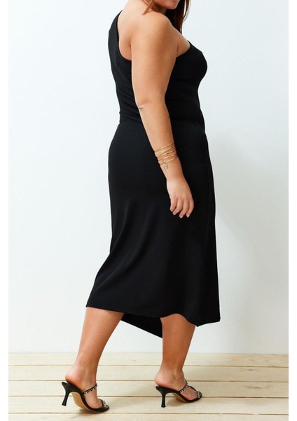 Yeni Rahat Casual Günlük Krep Örme Asimetrik Yaka Kolsuz Kol Asimetrik Midi Boy Büyük Beden Elbise indirimleri