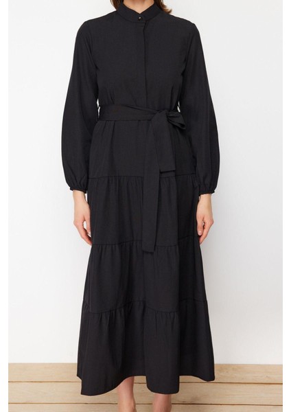 Yeni Rahat Casual Günlük Terrycotton Dokuma Dik Yaka Uzun Kol Basic Maxi Boy Tesettür Elbise