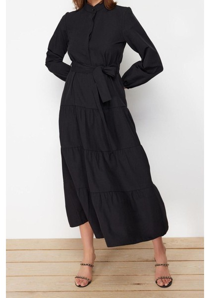 Yeni Rahat Casual Günlük Terrycotton Dokuma Dik Yaka Uzun Kol Basic Maxi Boy Tesettür Elbise modelleri