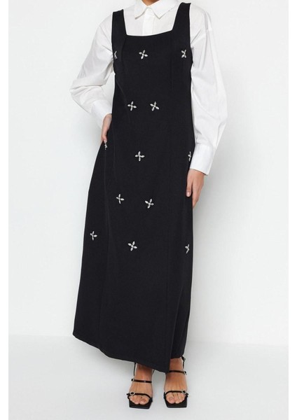 Yeni Jile Casual Günlük Finike Dokuma Kare Yaka Kolsuz Kol Jile Maxi Boy Tesettür Elbise