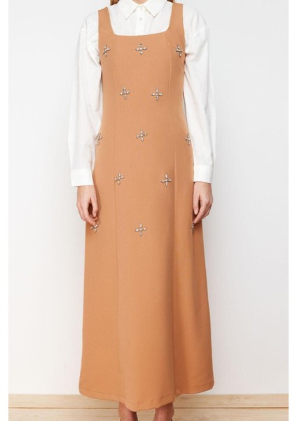 Yeni Jile Casual Günlük Finike Dokuma Kare Yaka Kolsuz Kol Jile Maxi Boy Tesettür Elbise