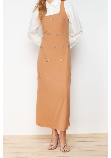 Yeni Jile Casual Günlük Finike Dokuma Kare Yaka Kolsuz Kol Jile Maxi Boy Tesettür Elbise
