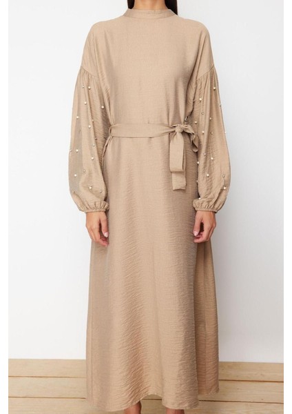 Yeni Regular Casual Günlük Lilyum Dokuma Bisiklet Yaka Uzun Kol A-Line Maxi Boy Tesettür Elbise
