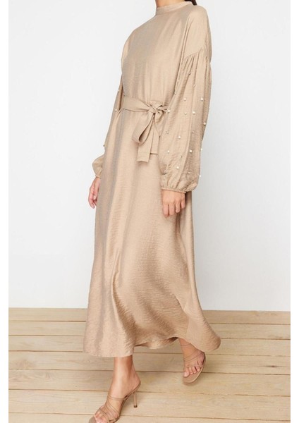 Yeni Regular Casual Günlük Lilyum Dokuma Bisiklet Yaka Uzun Kol A-Line Maxi Boy Tesettür Elbise