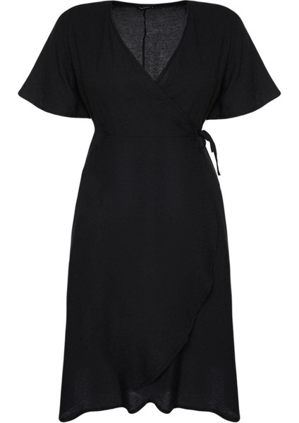 Yeni Rahat Casual Günlük Shally Dokuma Kruvaze Kısa Kol Anvelop Midi Boy Büyük Beden Elbise