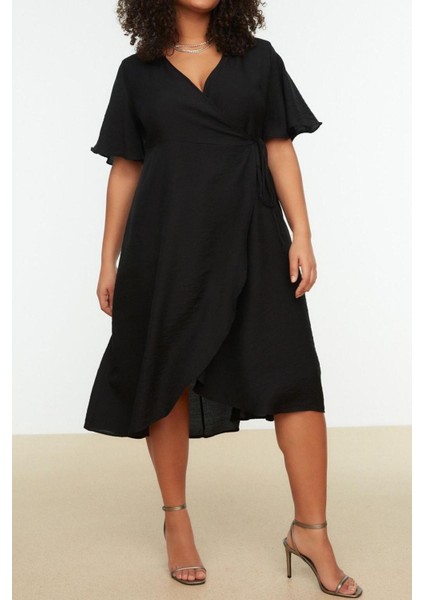 Yeni Rahat Casual Günlük Shally Dokuma Kruvaze Kısa Kol Anvelop Midi Boy Büyük Beden Elbise modelleri