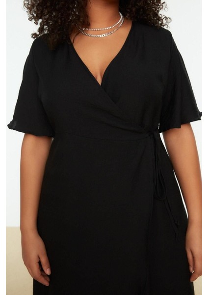 Yeni Rahat Casual Günlük Shally Dokuma Kruvaze Kısa Kol Anvelop Midi Boy Büyük Beden Elbise fırsatları