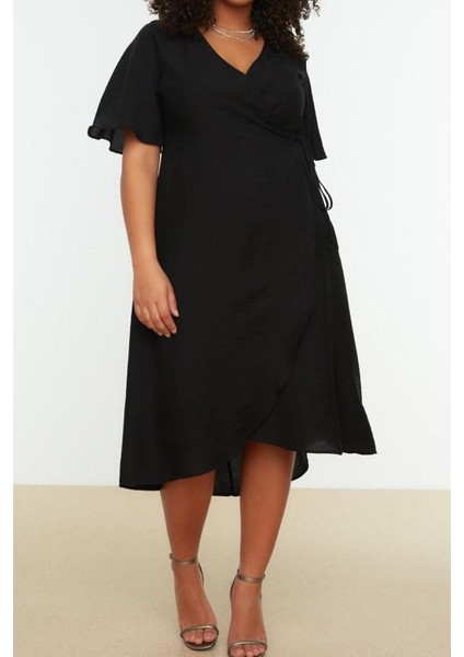 Yeni Rahat Casual Günlük Shally Dokuma Kruvaze Kısa Kol Anvelop Midi Boy Büyük Beden Elbise indirimleri