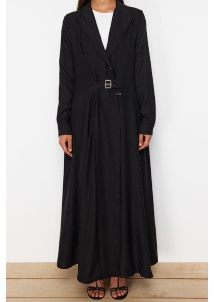 Yeni Regular Günlük Keten Görünümlü Dokuma Ceket Yaka Uzun Kol A-Line Maxi Boy Tesettür Elbise