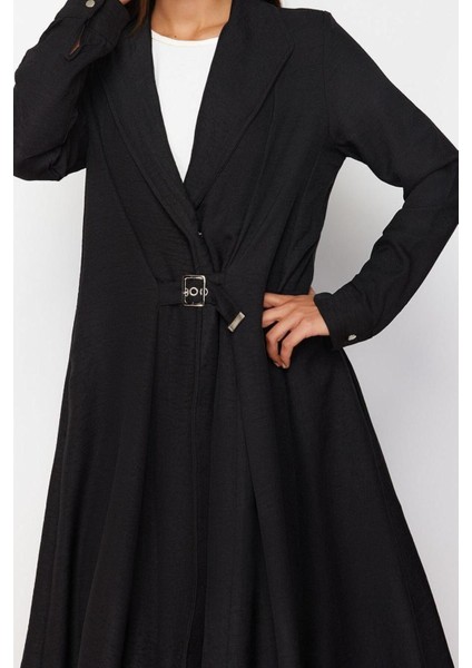 Yeni Regular Günlük Keten Görünümlü Dokuma Ceket Yaka Uzun Kol A-Line Maxi Boy Tesettür Elbise fiyatları