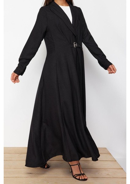 Yeni Regular Günlük Keten Görünümlü Dokuma Ceket Yaka Uzun Kol A-Line Maxi Boy Tesettür Elbise modelleri