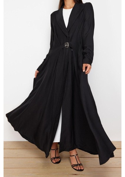 Yeni Regular Günlük Keten Görünümlü Dokuma Ceket Yaka Uzun Kol A-Line Maxi Boy Tesettür Elbise fırsatları