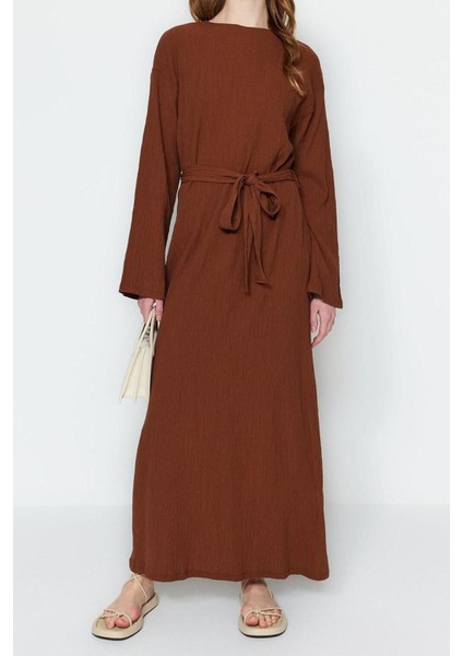 Yeni Regular Casual Günlük Crinkle Dokuma Bisiklet Yaka Uzun Kol A-Line Maxi Boy Tesettür Elbise