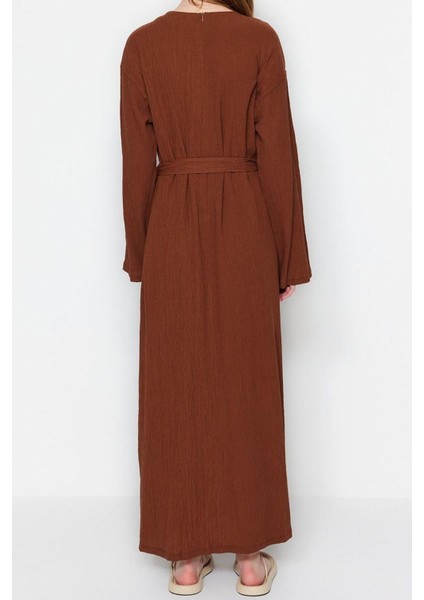 Yeni Regular Casual Günlük Crinkle Dokuma Bisiklet Yaka Uzun Kol A-Line Maxi Boy Tesettür Elbise indirimleri