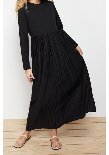 Yeni Regular Casual Günlük Scuba Krep Örme Bisiklet Yaka Uzun Kol Basic Maxi Boy Elbise