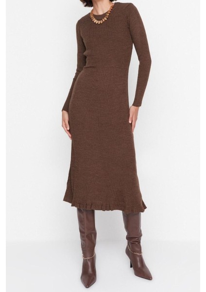 Yeni Slim Casual Günlük Tek Plaka Triko Bisiklet Yaka Uzun Kol Bodycone Midi Boy Elbise