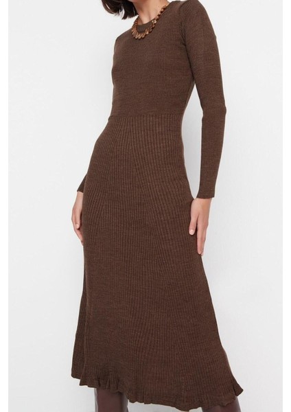 Yeni Slim Casual Günlük Tek Plaka Triko Bisiklet Yaka Uzun Kol Bodycone Midi Boy Elbise
