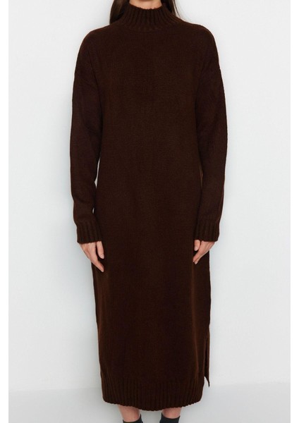 Yeni Oversize Casual Günlük Tek Plaka Triko Dik Yaka Uzun Kol Shift Midi Boy Elbise