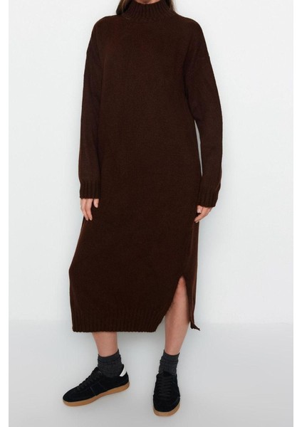 Yeni Oversize Casual Günlük Tek Plaka Triko Dik Yaka Uzun Kol Shift Midi Boy Elbise