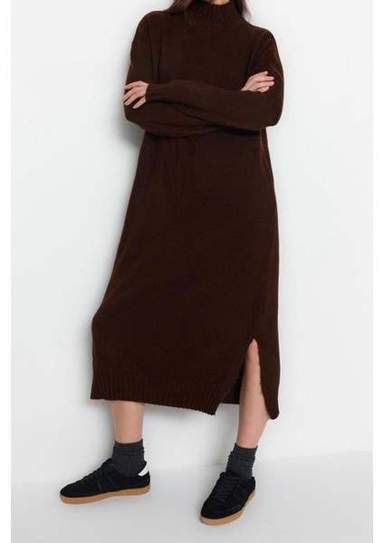 Yeni Oversize Casual Günlük Tek Plaka Triko Dik Yaka Uzun Kol Shift Midi Boy Elbise