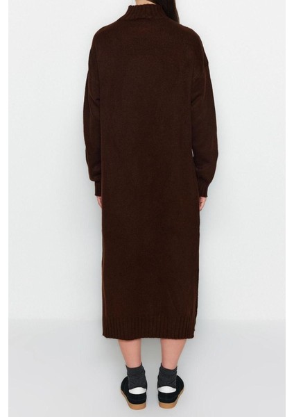 Yeni Oversize Casual Günlük Tek Plaka Triko Dik Yaka Uzun Kol Shift Midi Boy Elbise